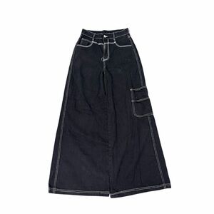 ROMWE Black Wide Leg Cargo Jeans Contrast Stitching – Size S